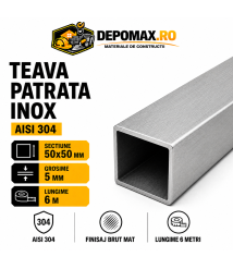 Teava patrata inox AISI 304, 50 x 50 x 5 mm, 6 metri